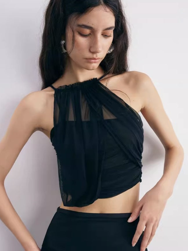 Mesh Gathering Irregular Gathering Stitching Camisole