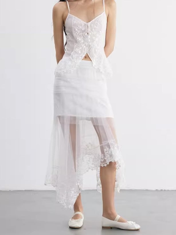 Flower Embroidered Lace Irregular Mesh Lace Skirt