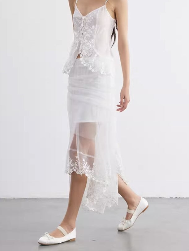 Flower Embroidered Lace Irregular Mesh Lace Skirt