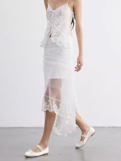 Flower Embroidered Lace Irregular Mesh Lace Skirt