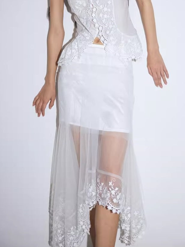 Flower Embroidered Lace Irregular Mesh Lace Skirt