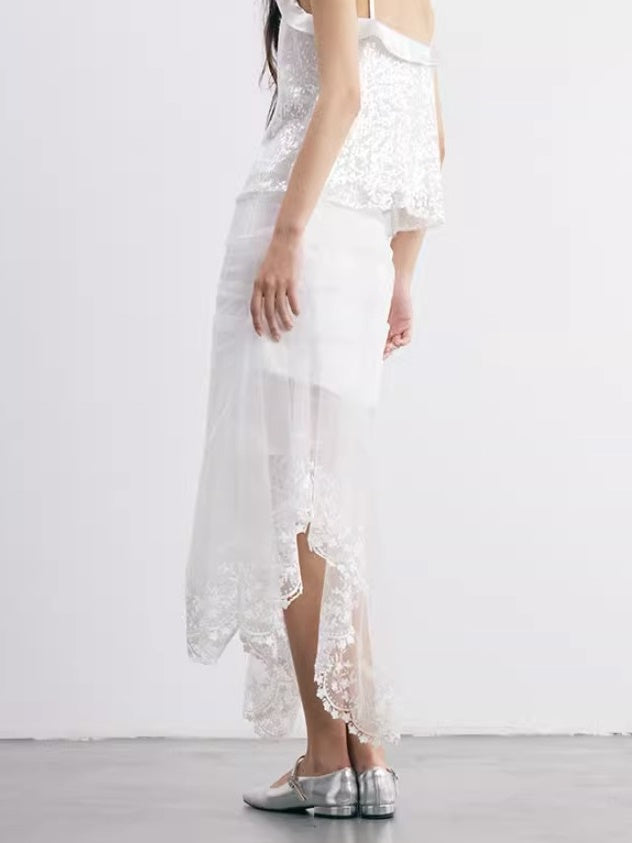 Flower Embroidered Lace Irregular Mesh Lace Skirt