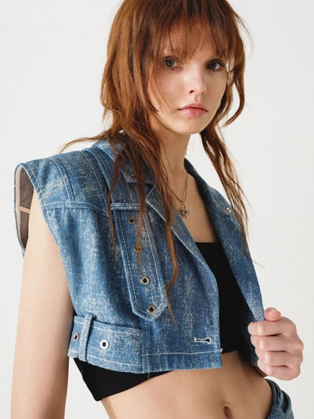 Denim Cropped Wide Vest ＆ MIni Skirt