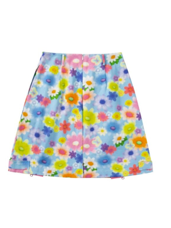 Fuzzy Flower Print A-line Skirt