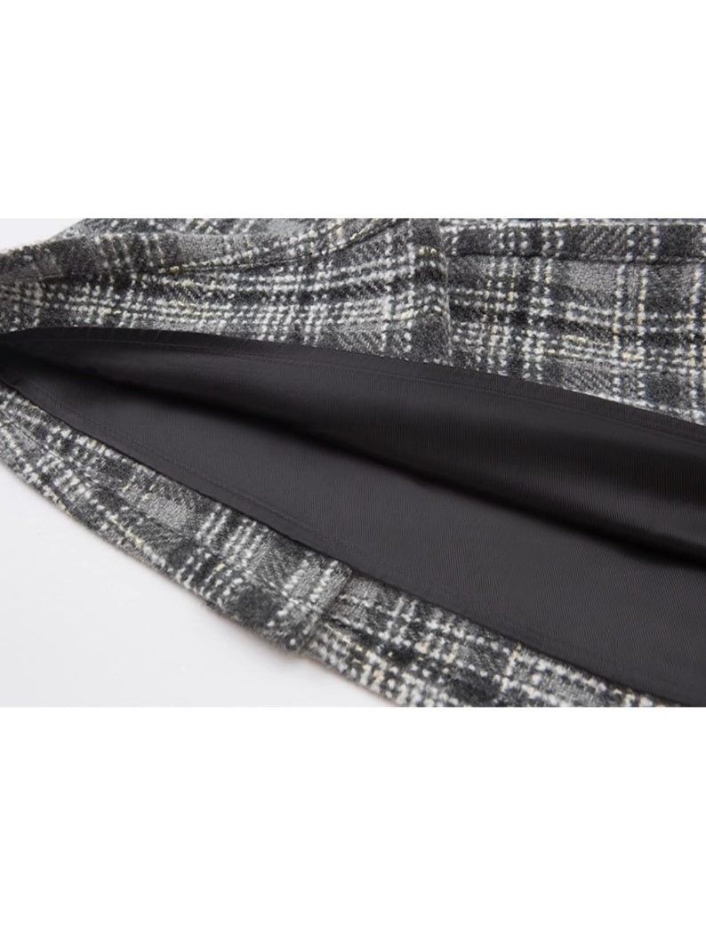 Woven Plaid No-Collar Jacket ＆ Vest ＆ Pleated Skirt