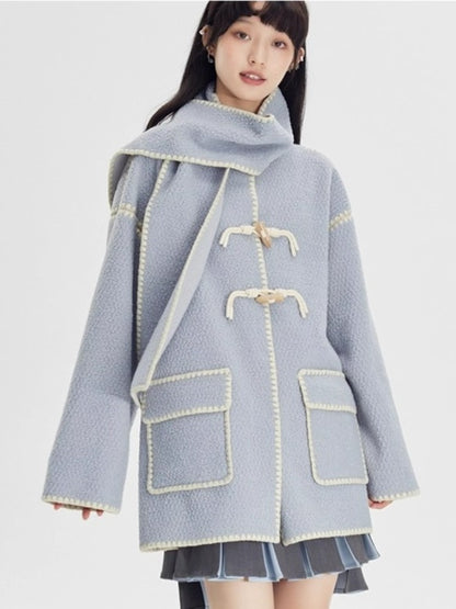 Embroidered Stitch Horn Button Coat