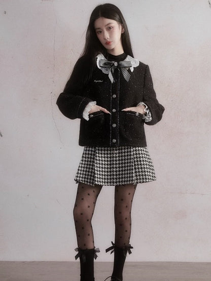 Small Fragrant Style Lace Stitch Jacket ＆ Houndstooth Skirt