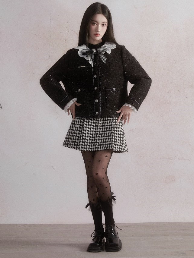 Small Fragrant Style Lace Stitch Jacket ＆ Houndstooth Skirt