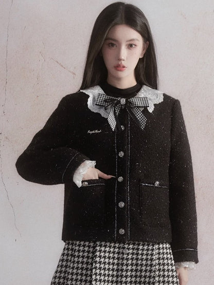 Small Fragrant Style Lace Stitch Jacket ＆ Houndstooth Skirt