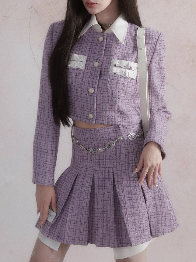 Small Fragrance Style Layered Design Jacket ＆ Pleated Skirt