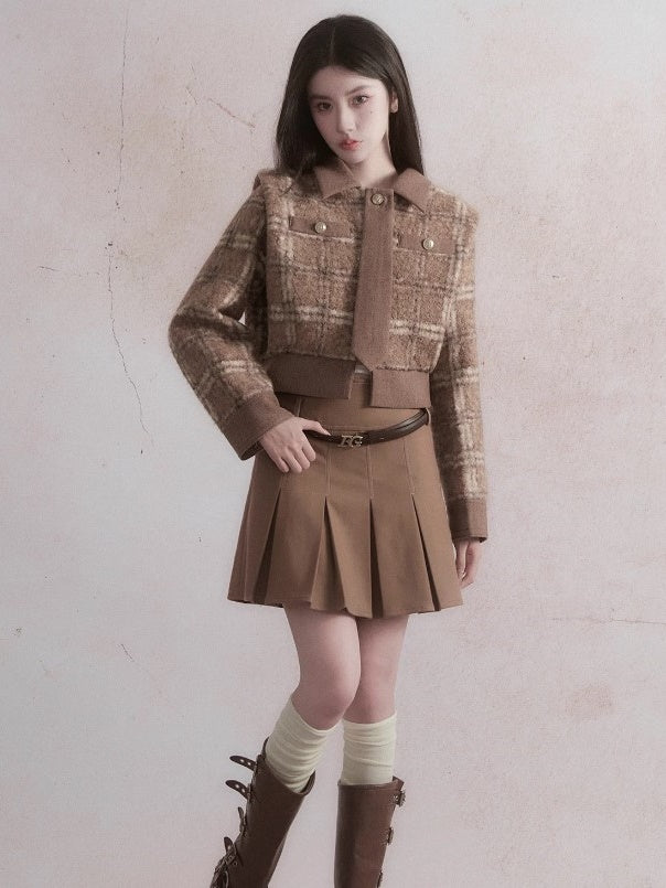 Retro Check Short Jacket &amp; Pleated Skirt