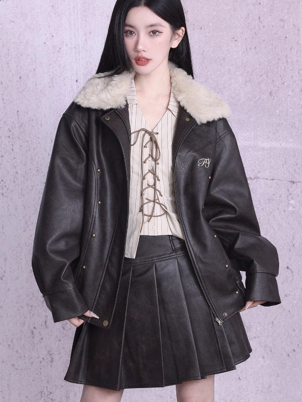 Plus Velvet Leather Jacket & Pleat Skirt