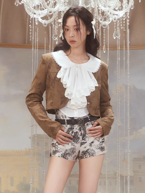 French Lace Shirt &amp; Print Short Jacket &amp; Long Skirt