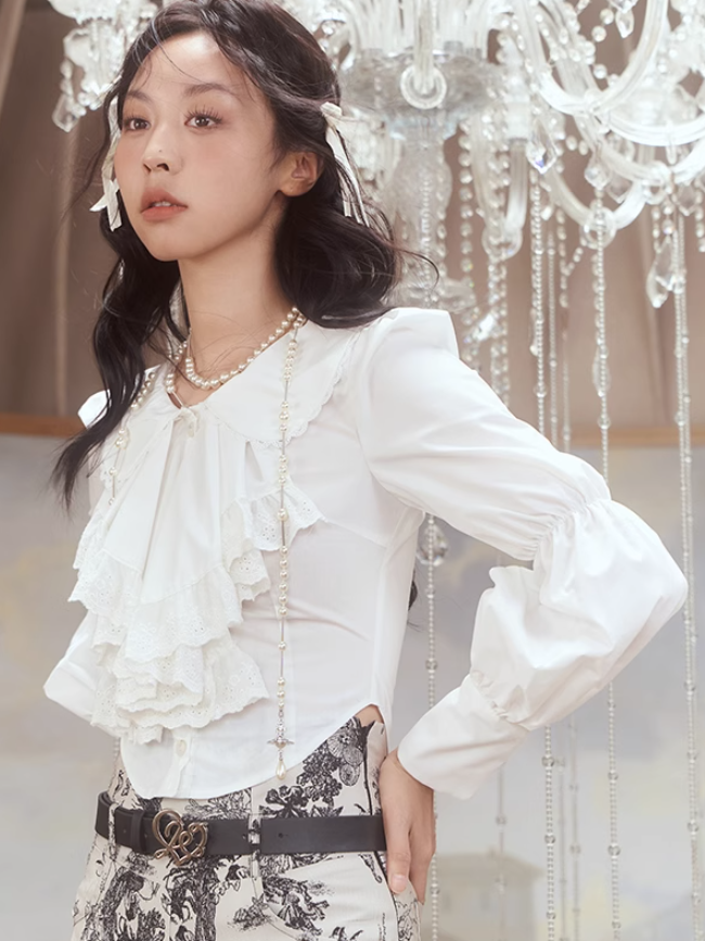 French Lace Shirt &amp; Print Short Jacket &amp; Long Skirt