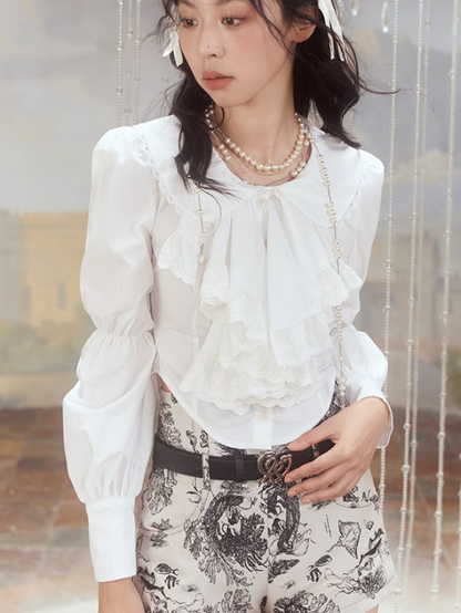 French Lace Shirt &amp; Print Short Jacket &amp; Long Skirt