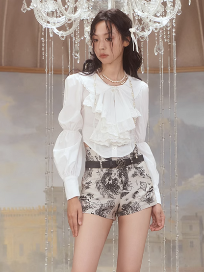 French Lace Shirt &amp; Print Short Jacket &amp; Long Skirt