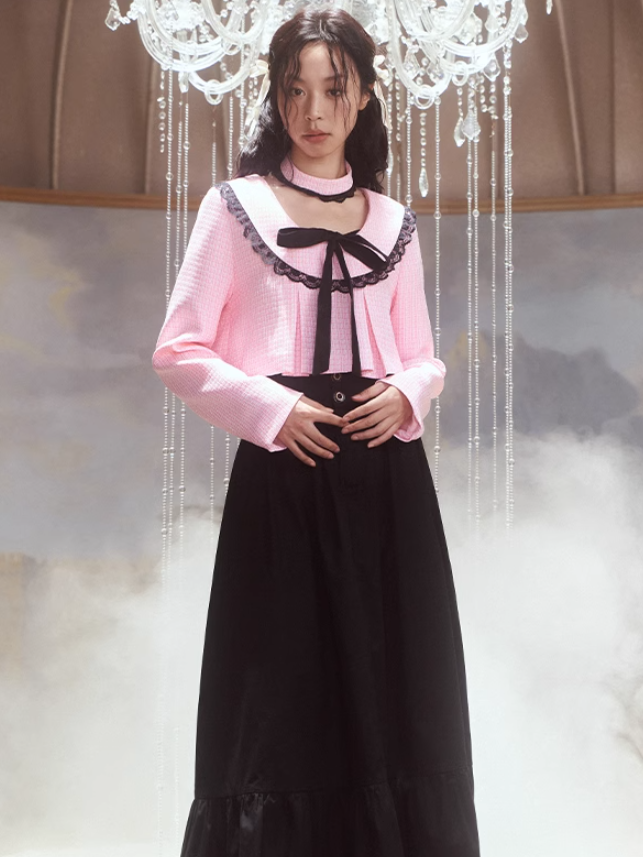 Lace Round Collar Cropped Top &amp; Frill Long Skirt