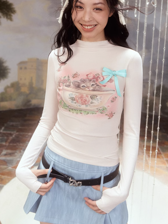 Cute Cat Print Long-sleeved T-shirt