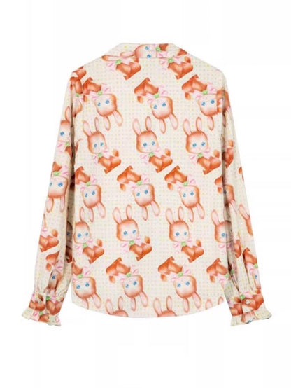 Retro Print Bunny Stand Collar Bow Shirt