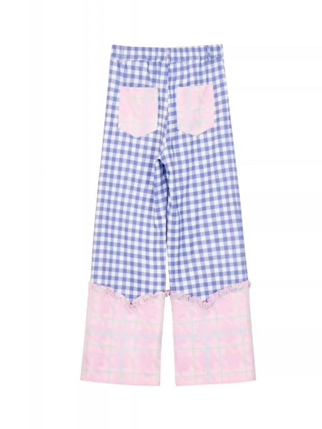 Plaid Splicing Ruffles Straight Pants