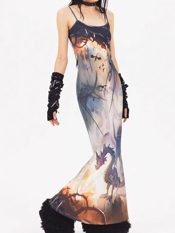 Dragon Print Mermaid Long Slip Robe