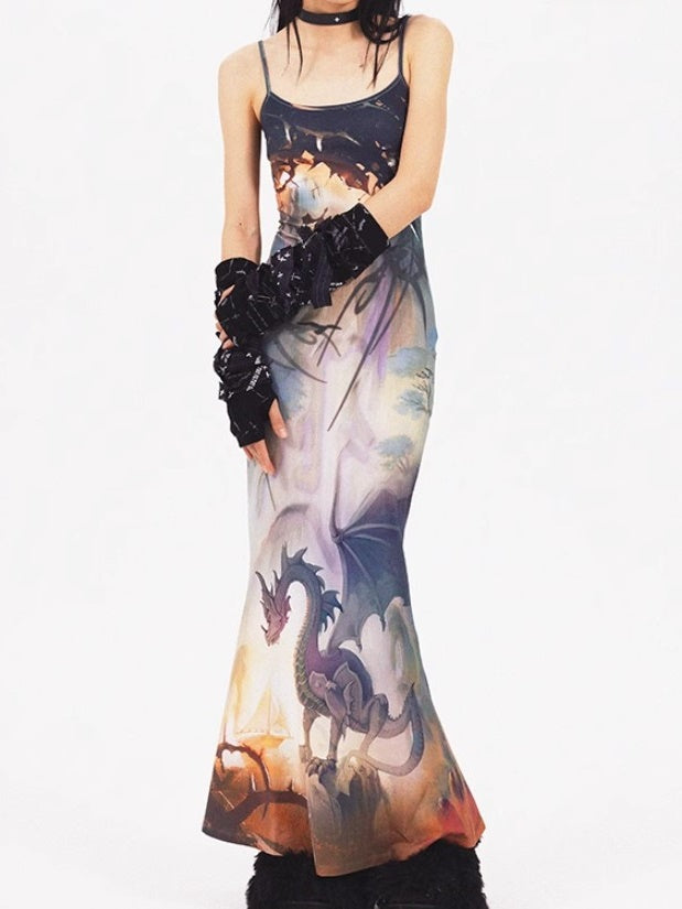 Dragon Print Meerjungfrau Langes Slip -Kleid