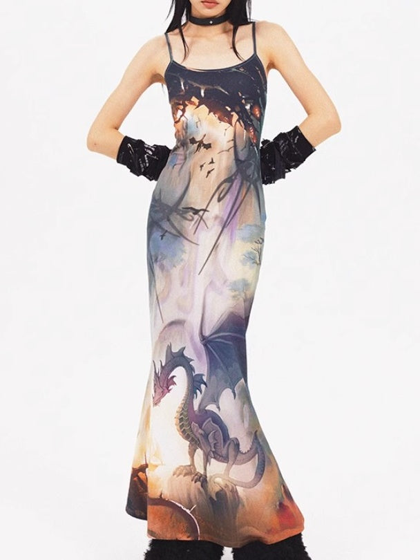 Dragon Print Mermaid Long Slip Dress