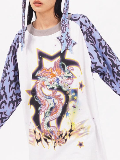 Dragon Print Raglan-Ärmel-T-Shirt