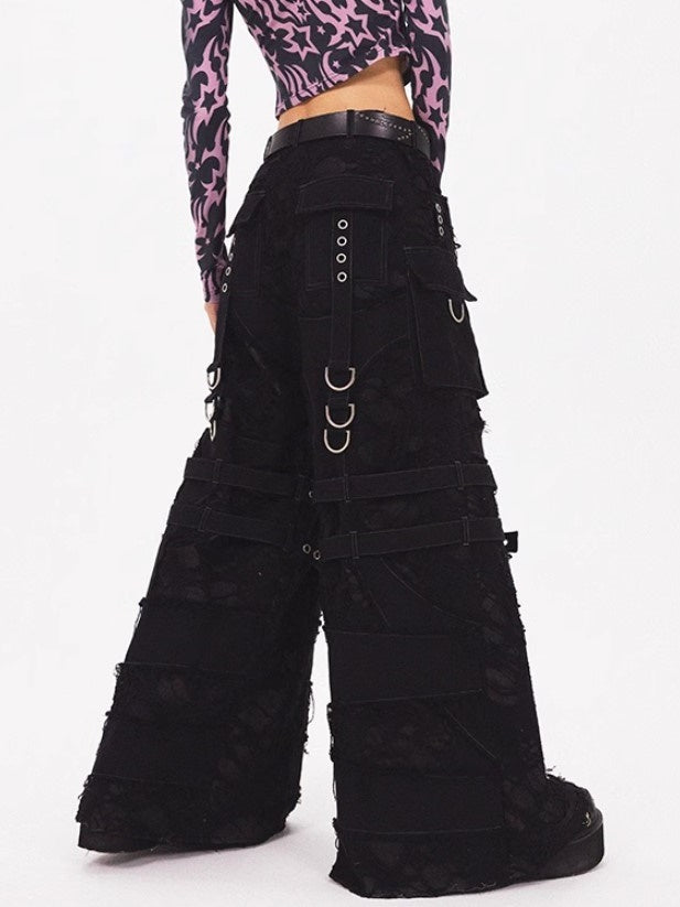 Ripped Strap Chain Wide-leg Jeans