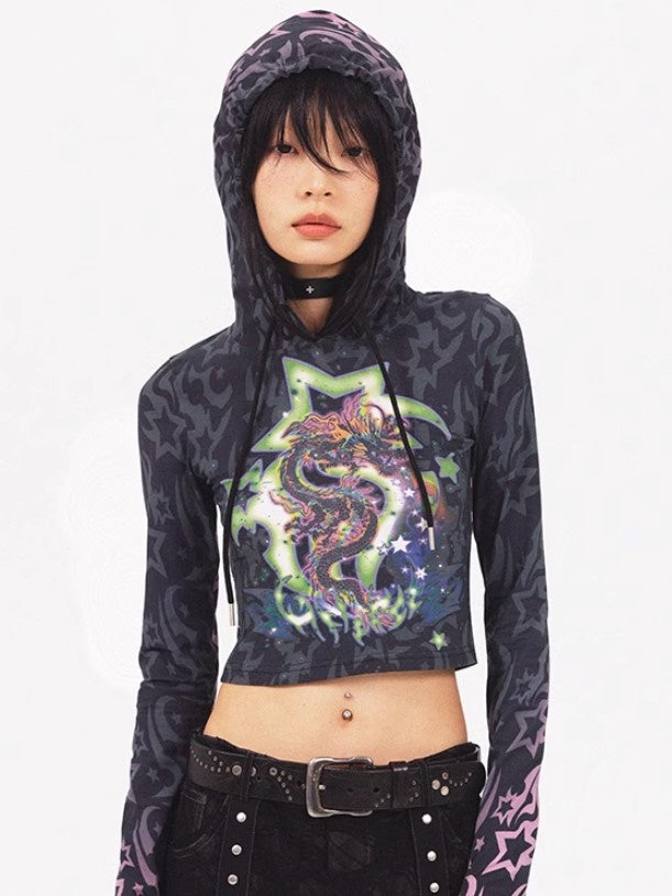 Dragon Print Short Hooded Cutsew