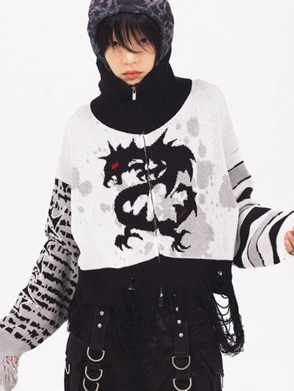 Dragon Pattern High-Neck Knitted Jacket