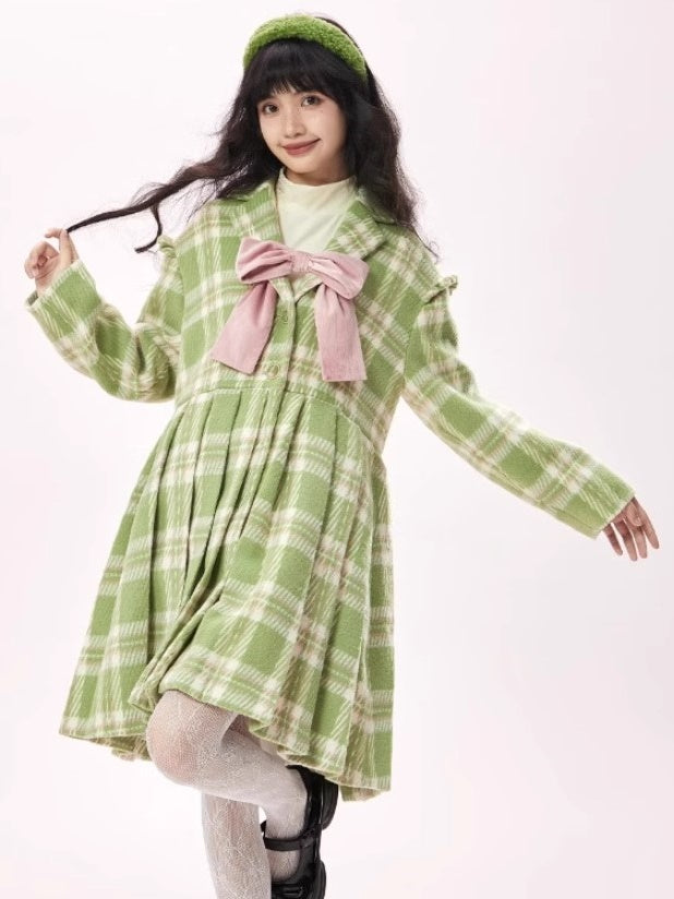 Plaid Bow Mid-length College Style Coat