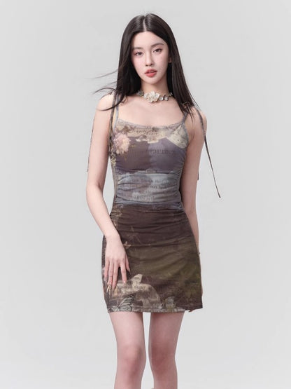 Retro Printed Oil Painting Slip Dress