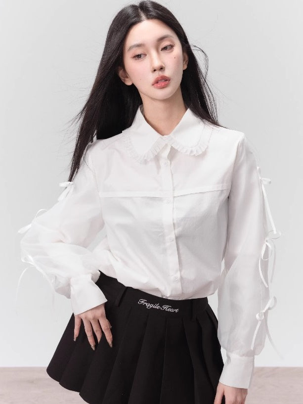 Jacquard Pleated Suspender Dress &amp; Bow Patchwork Shirt