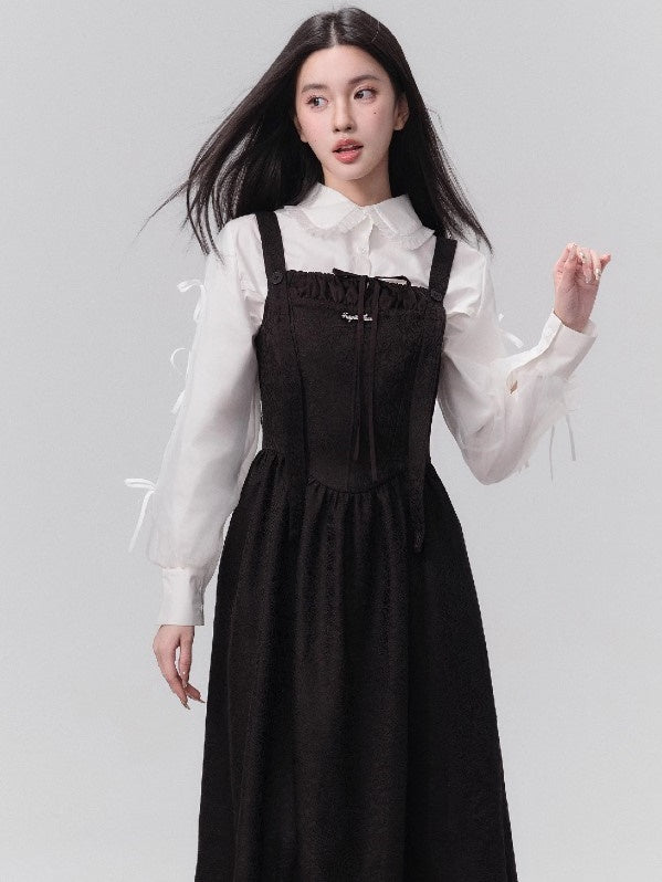 Jacquard Pleated Suspender Dress &amp; Bow Patchwork Shirt