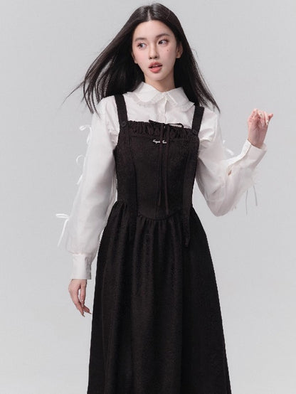 Jacquard Pleated Suspender Dress &amp; Bow Patchwork Shirt