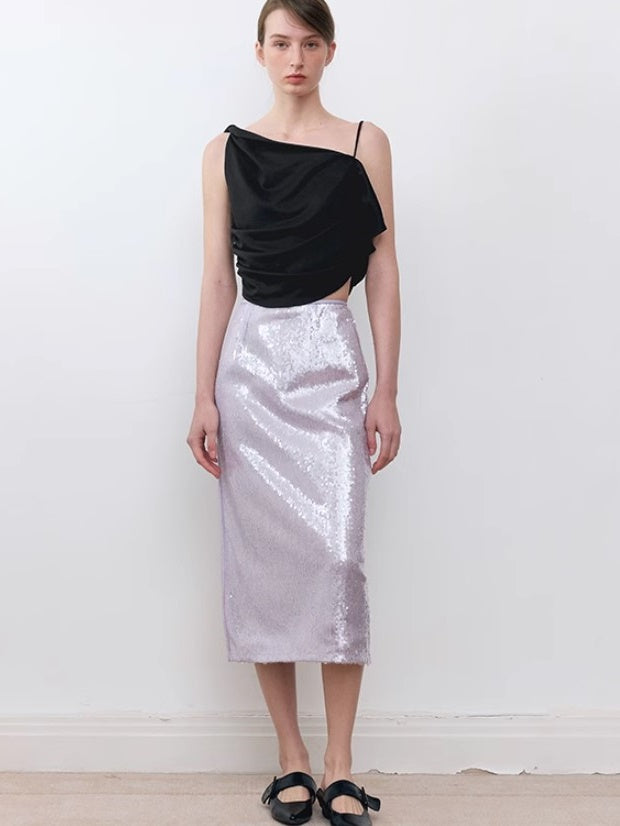 Three-dimensional Spangle Glossy Straight Skirt