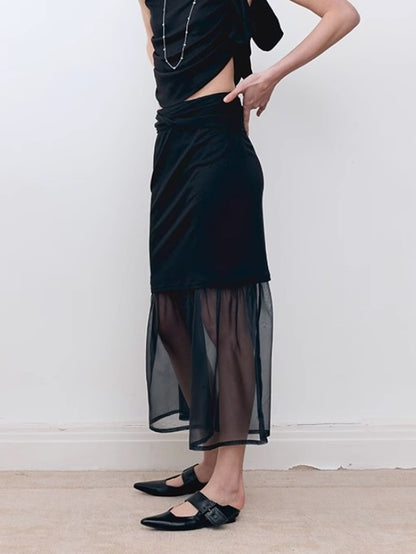 Twisted Waist Double Layer Patchwork Straight Skirt