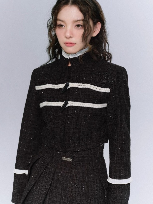 Tweed Stand-Collar Cropped Jacket ＆ Lace Stitch Short Pleated Skirt