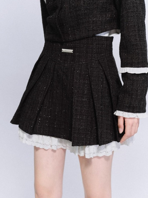 Tweed Stand-Collar Cropped Jacket ＆ Lace Stitch Short Pleated Skirt