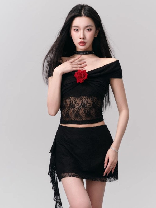 Floyd Rose Lace Slim Off-Shoulder Top &amp; Ruffle Skirt