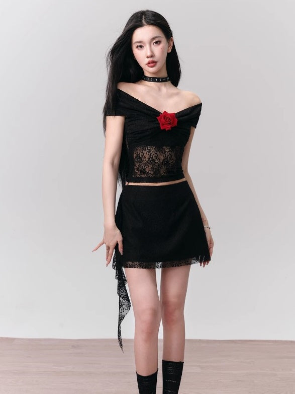 Floyd Rose Lace Slim Off-Shoulder Top &amp; Ruffle Skirt