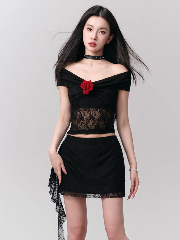 Floyd Rose Lace Slim Off-Shoulder Top &amp; Ruffle Skirt