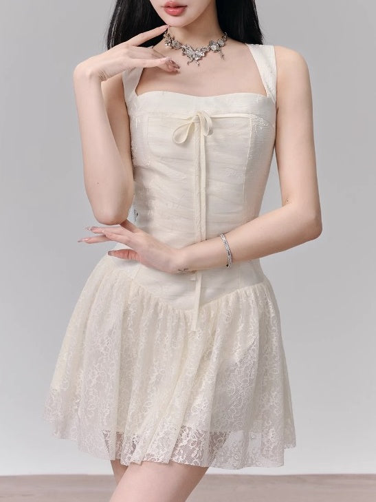 Lace Splicing Wide Shoulder Suspender Dress