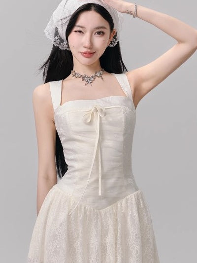 Lace Splicing Wide Shoulder Suspender Dress