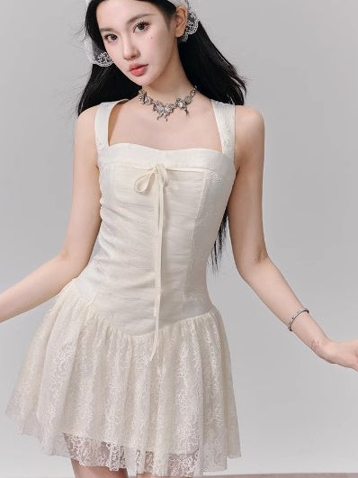 Lace Splicing Wide Shoulder Suspender Dress