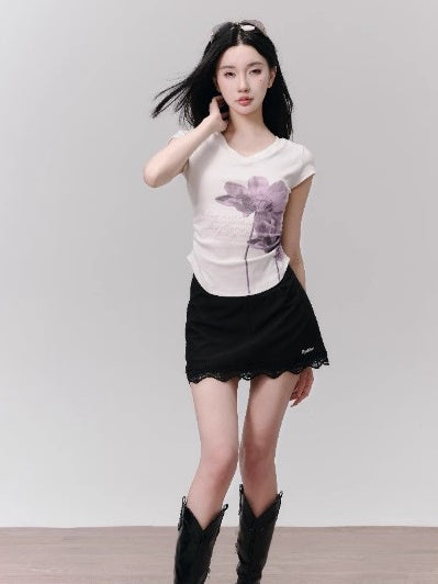 Flower Print V-neck Slim Fit T-shirt