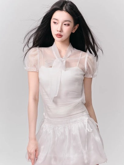 See-through Puff Sleeve Shirt &amp; Bud Skirt