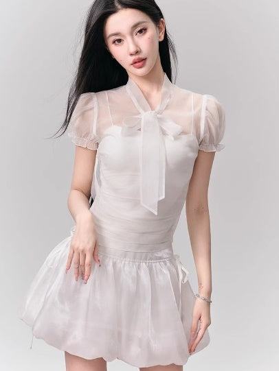 See-through Puff Sleeve Shirt &amp; Bud Skirt