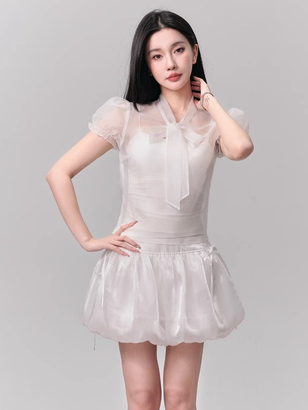 See-through Puff Sleeve Shirt &amp; Bud Skirt